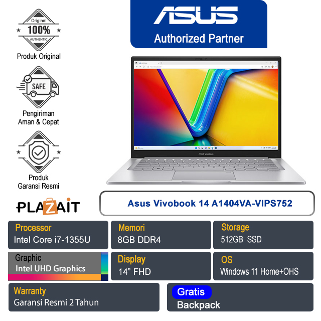 Asus Vivobook 14 A1404VA-VIPS752 /Intel Core i7-1355U/8GB/512GB SSD/Intel UHD Graphics/14″ FHD/Win 11 Home+OHS 2021/Transparent Silver/2Y