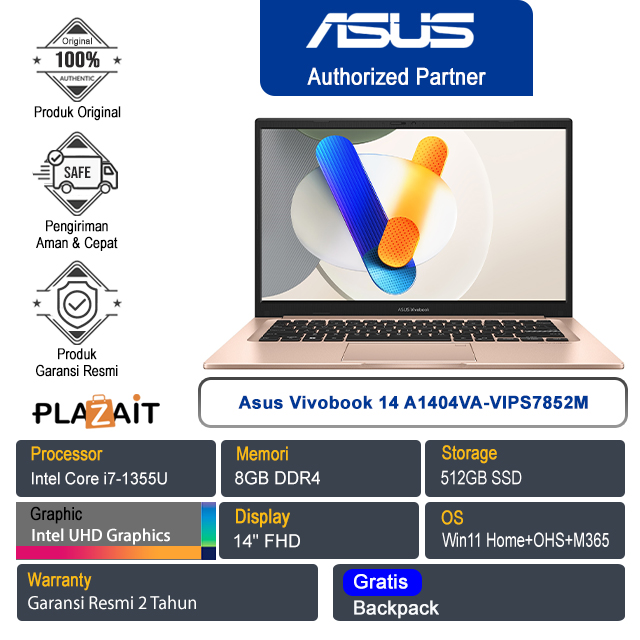 Asus Vivobook 14 A1404VA-VIPS7852M /Intel Core i7-1355U/8GB/512GB SSD/Intel UHD Graphics/14" FHD/Win 11 Home+OHS+M365/Terra Cotta/2Y