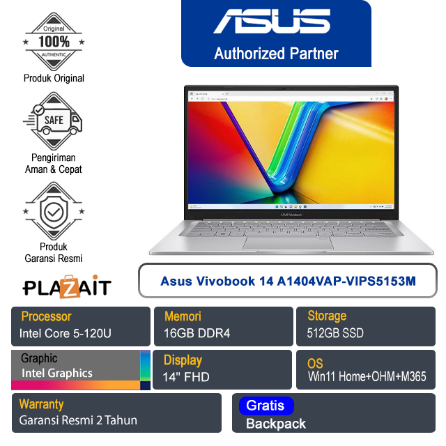 Asus Vivobook 14 A1404VAP-VIPS5153M /Intel Core 5-120U/16GB/512GB SSD/Intel Graphics/14" FHD/Win 11 Home+OHM+M365/Cool Silver/2Y