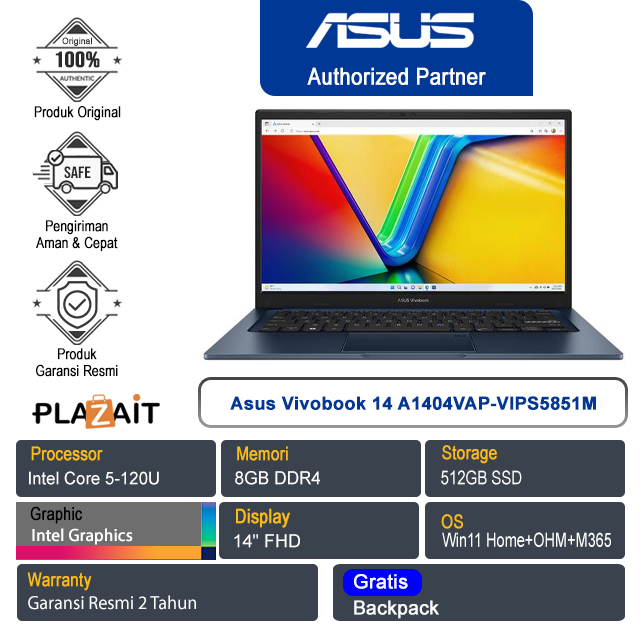 Asus Vivobook 14 A1404VAP-VIPS5851M /Intel Core 5-120U/8GB/512GB SSD/Intel Graphics/14" FHD/Win 11 Home+OHM+M365/Quiet Blue/2Y