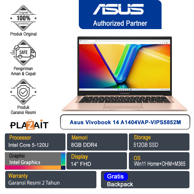 Asus Vivobook 14 A1404VAP-VIPS5852M /Intel Core 5-120U/8GB/512GB SSD/Intel Graphics/14" FHD/Win 11 Home+OHM+M365/Terra Cotta/2Y