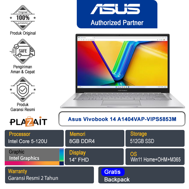 Asus Vivobook 14 A1404VAP-VIPS5853M /Intel Core 5-120U/8GB/512GB SSD/Intel Graphics/14" FHD/Win 11 Home+OHM+M365/Cool Silver/2Y