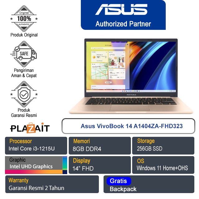 Asus Vivobook 14 A1404ZA-FHD323/Intel Core i3-1215U/8GB/256GB SSD/14″ FHD/Intel UHD Graphics/Win 11 Home+OHS 2021/Terra Cota/2Y