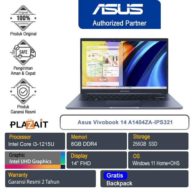 Asus Vivobook 14 A1404ZA-IPS321/Intel Core i3-1215U/8GB/256GB SSD/Intel UHD Graphics/14"FHD/Win 11 Home+OHS/Quiet Blue/2Y