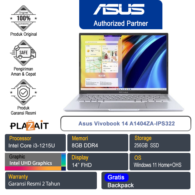 Asus Vivobook 14 A1404ZA-IPS322/Intel Core i3-1215U/8GB/256GB SSD/Intel UHD Graphics/14"FHD/Win 11 Home+OHS/Icelight Silver/2Y