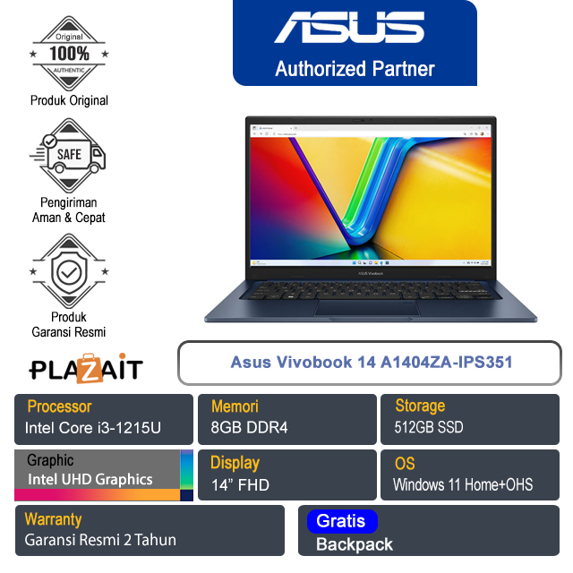 Asus Vivobook 14 A1404ZA-IPS351/Intel Core i3-1215U/8GB/512GB SSD/Intel UHD Graphics/14″ FHD/Win 11 Home+OHS 2021/Quiet Blue/2Y