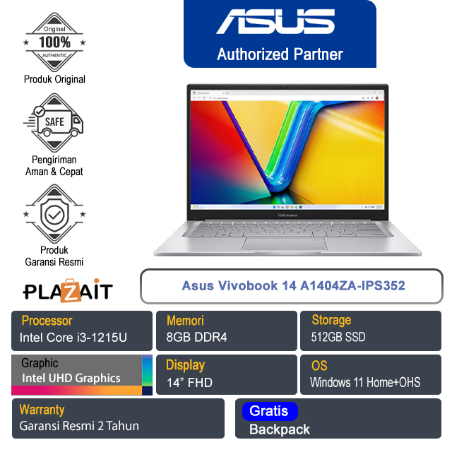 Asus Vivobook 14 A1404ZA-IPS352/Intel Core i3-1215U/8GB/512GB SSD/Intel UHD Graphics/14″ FHD/Win 11 Home+OHS 2021/Icelight Silver/2Y