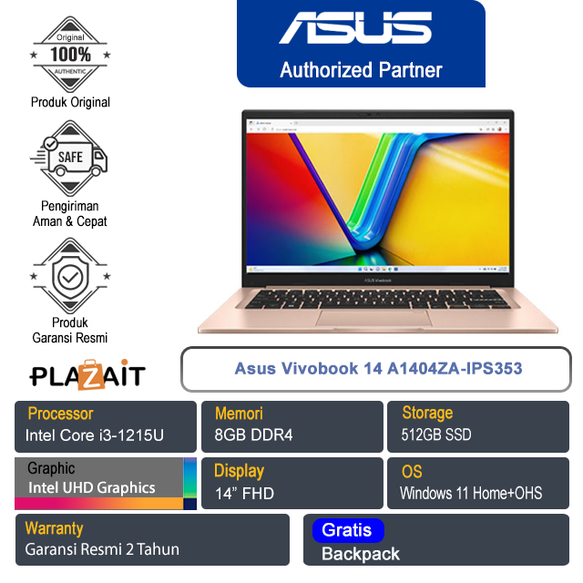 Asus Vivobook 14 A1404ZA-IPS353/Intel Core i3-1215U/8GB/512GB SSD/Intel UHD Graphics/14″ FHD/Win 11 Home+OHS 2021/Terra Cotta/2Y