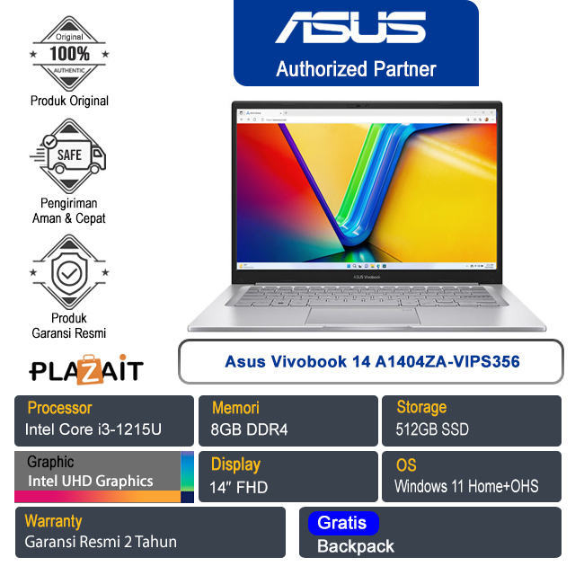 Asus Vivobook 14 A1404ZA-VIPS356 /Intel Core i3-1215U/8GB/512GB SSD/Intel UHD Graphics/14″ FHD/Win 11 Home+OHS 2021/Cool Silver/2Y