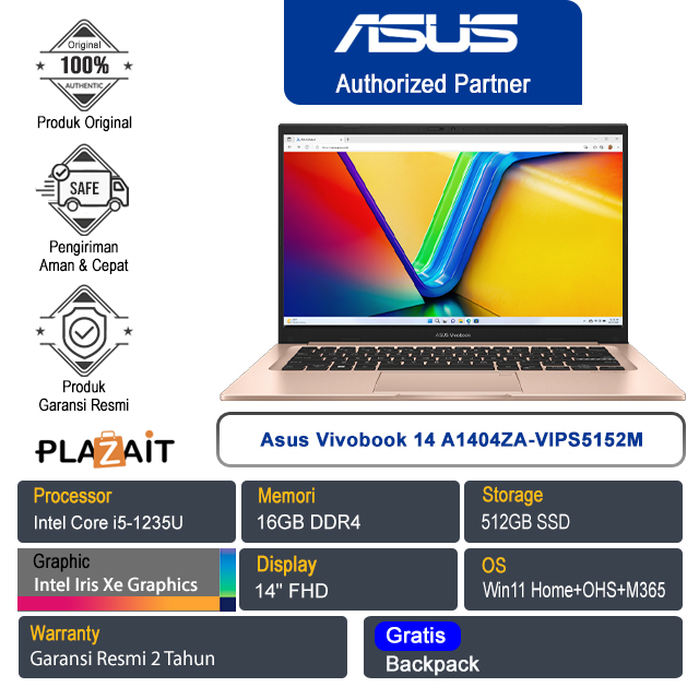 Asus Vivobook 14 A1404ZA-VIPS5152M /Intel Core i5-1235U/16GB/512GB SSD/Intel Iris Xᵉ Graphics/14" FHD/Win 11 Home+OHS+M365/Terra Cotta/2Y