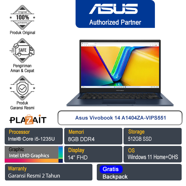 Asus Vivobook 14 A1404ZA-VIPS551/Intel Core i5-1235U/8GB/512GB SSD/Intel UHD Graphics/14″ FHD/Win 11 Home+OHS 2021/Quiet Blue/2Y