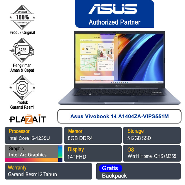 Asus Vivobook 14 A1404ZA-VIPS551M /Intel Core i5-1235U/8GB/512GB SSD/Intel UHD Graphics/14″ FHD/Win 11 Home+OHS+M365/Quiet Blue/2Y
