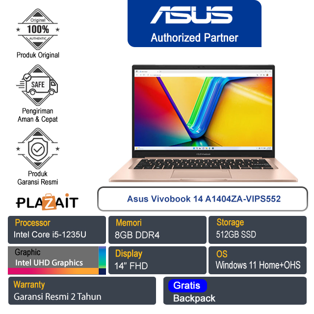 Asus Vivobook 14 A1404ZA-VIPS552/Intel Core i5-1235U/8GB/512GB SSD/Intel UHD Graphics/14″ FHD/Win 11 Home+OHS 2021/Terra Cotta/2Y