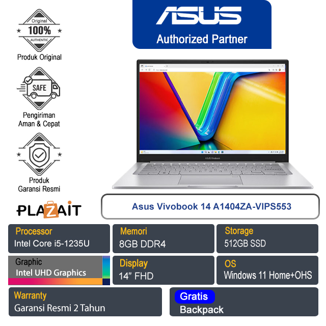 Asus Vivobook 14 A1404ZA-VIPS553/Intel Core i5-1235U/8GB/512GB SSD/Intel UHD Graphics/14″ FHD/Win 11 Home+OHS 2021/Transparent Silver/2Y