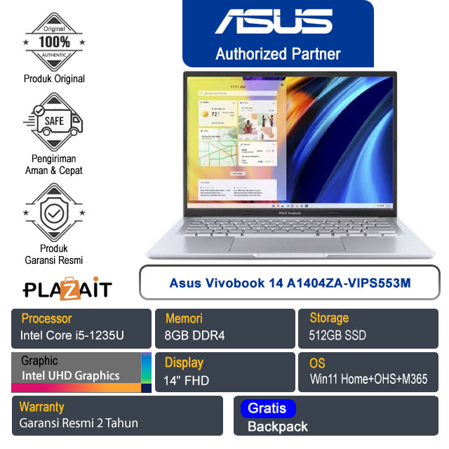 Asus Vivobook 14 A1404ZA-VIPS553M/Intel Core i5-1235U/8GB/512GB SSD/Intel UHD Graphics/14″ FHD/Win 11 Home+OHS 2021+M365/Cool Silver/2Y