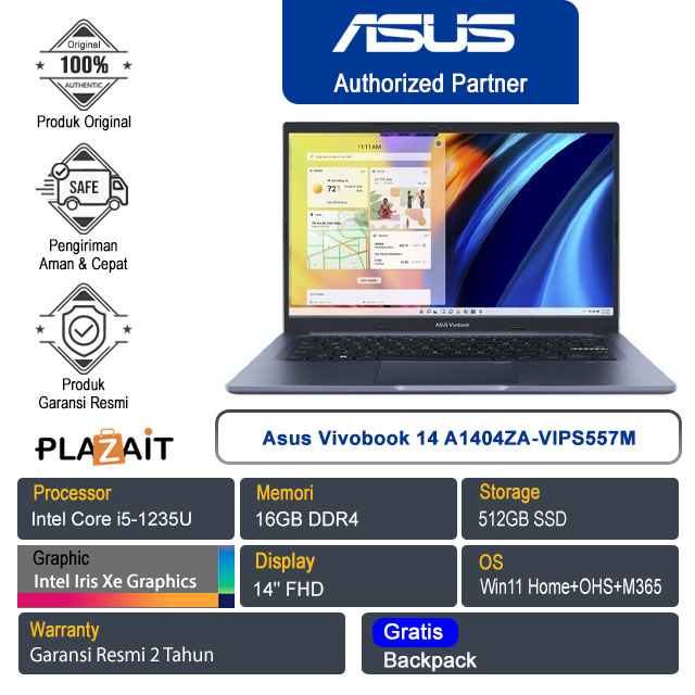 Asus Vivobook 14 A1404ZA-VIPS557M / Intel Core i5-1235U/16GB/512GB SSD/Intel Iris Xᵉ Graphics/14″ FHD/Win 11 Home+OHS 2021+M365/Quiet Blue/2Y