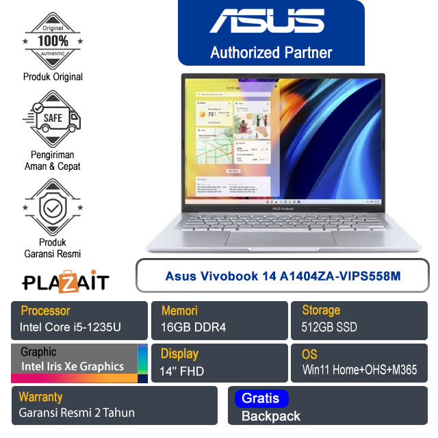 Asus Vivobook 14 A1404ZA-VIPS558M /Intel Core i5-1235U/16GB/512GB SSD/Intel Iris Xᵉ Graphics/14″ FHD/Win 11 Home+OHS 2021+M365/Cool Silver/2Y