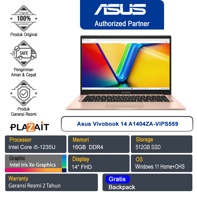 Asus Vivobook 14 A1404ZA-VIPS559 / Intel Core i5-1235U/16GB/512GB SSD/Intel Iris Xᵉ Graphics/14″ FHD/Win 11 Home+OHS 2021/Terra Cotta/2Y