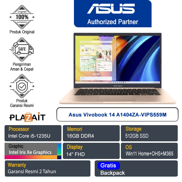 Asus Vivobook 14 A1404ZA-VIPS559M /Intel Core i5-1235U/16GB/512GB SSD/Intel Iris Xᵉ Graphics/14″ FHD/Win 11 Home+OHS 2021+M365/Terra Cotta/2Y