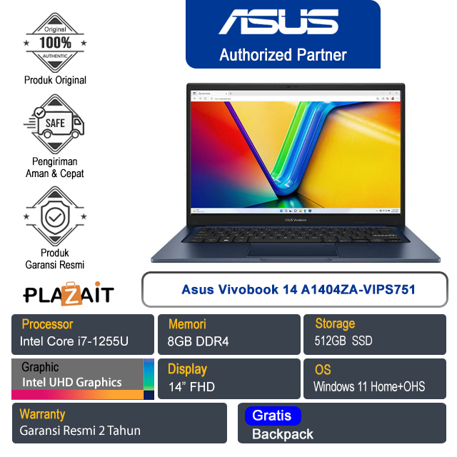 Asus Vivobook 14 A1404ZA-VIPS751 /Intel Core i7-1255U/8GB/512GB SSD/Intel UHD Graphics/14″ FHD/Win 11 Home+OHS 2021/Quiet Blue/2Y