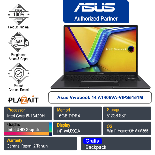Asus Vivobook 14 A1405VA-VIPS5151M /Intel Core i5-13420H/16GB/512GB SSD/Intel UHD Graphics/14" WUXGA/Win 11 Home+OHM+M365/Indie Black/2Y