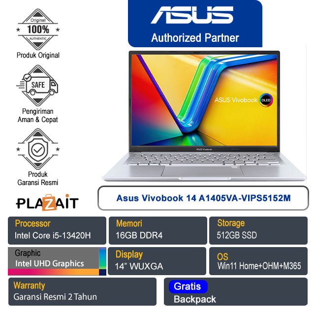 Asus Vivobook 14 A1405VA-VIPS5152M /Intel Core i5-13420H/16GB/512GB SSD/Intel UHD Graphics/14" WUXGA/Win 11 Home+OHM+M365/Cool Silver/2Y