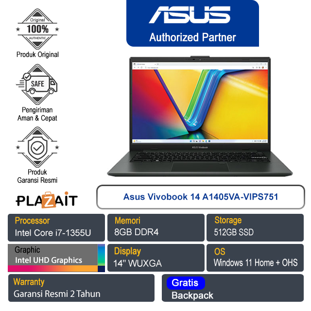 Asus VivoBook 14 A1405VA-VIPS751/Intel Core i7-1355U/8GB/512GB SSD/Intel UHD Graphics/14" WUXGA/Win 11 Home+OHS/Indie Black/2Y