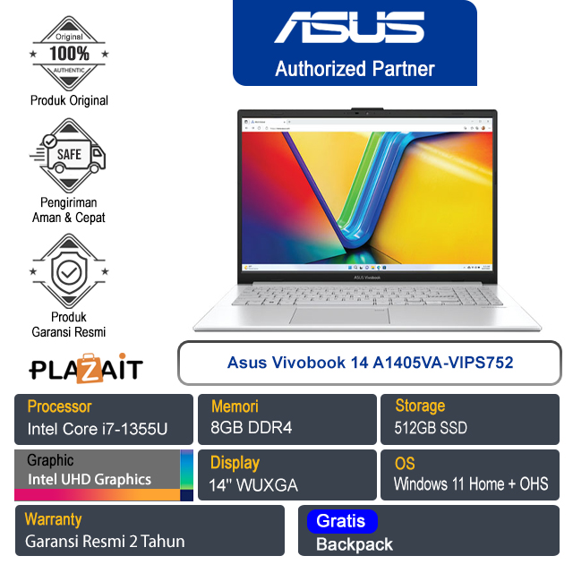 Asus VivoBook 14 A1405VA-VIPS752/Intel Core i7-1355U/8GB/512GB SSD/Intel UHD Graphics/14" WUXGA/Win 11 Home+OHS/Cool Silver/2Y
