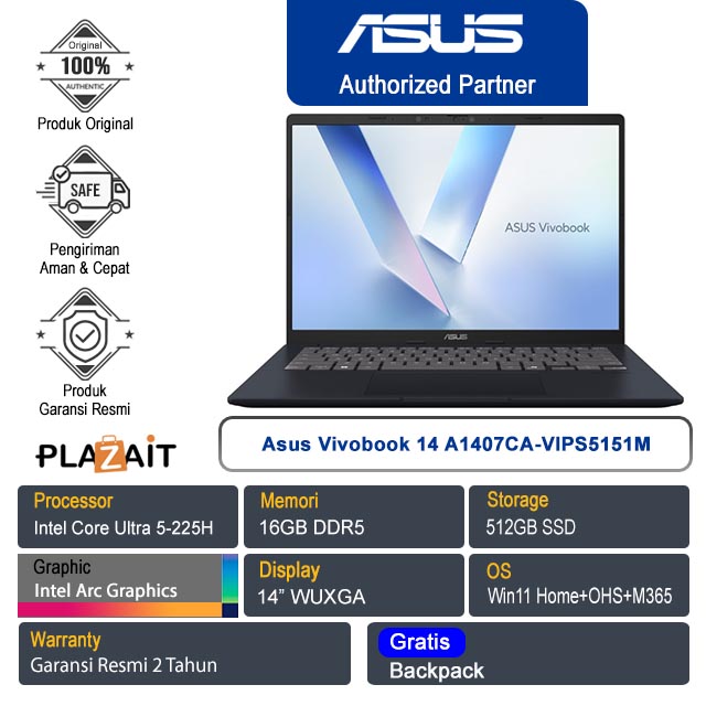 Asus Vivobook 14 A1407CA-VIPS5151M /Intel Core Ultra 5-225H/16GB/512GB SSD/Intel Arc Graphics/14" WUXGA/Win 11 Home+OHS+M365/Quiet Blue/2Y