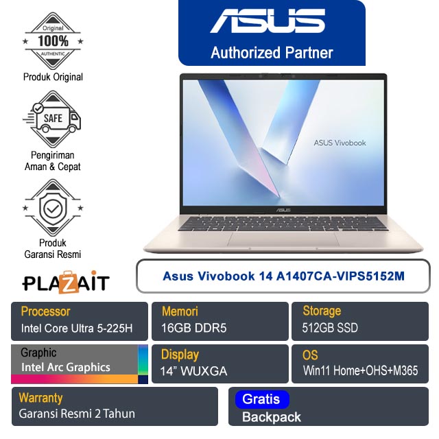 Asus Vivobook 14 A1407CA-VIPS5152M /Intel Core Ultra 5-225H/16GB/512GB SSD/Intel Arc Graphics/14" WUXGA/Win 11 Home+OHS+M365/Platinum Gold/2Y