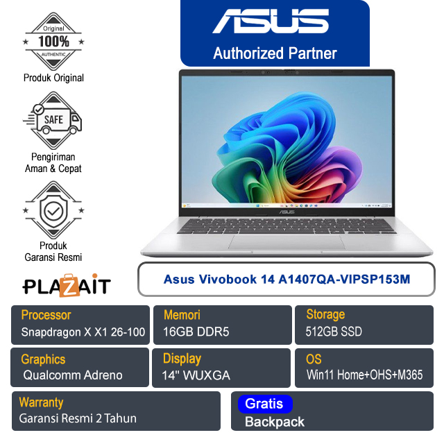 Asus Vivobook 14 A1407QA-VIPSP153M /Snapdragon X X1 26 100/16GB/512GB SSD/Qualcomm Adreno/14" WUXGA/Win 11 Home+OHS+M365/Cool Silver/2Y