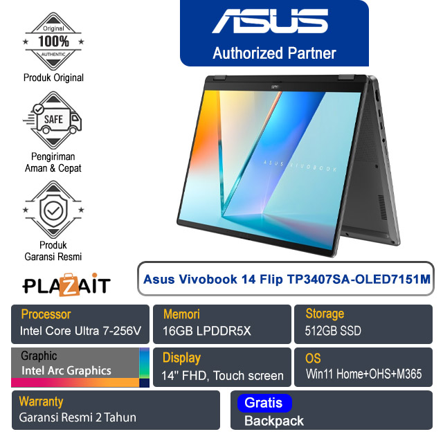 Asus Vivobook 14 Flip TP3407SA-OLED7151M /Intel Core Ultra 7-256V/16GB/512GB SSD/Intel Arc Graphics/14" FHD Touch/Win 11 Home+OHS+M365/Matte Grey/2Y