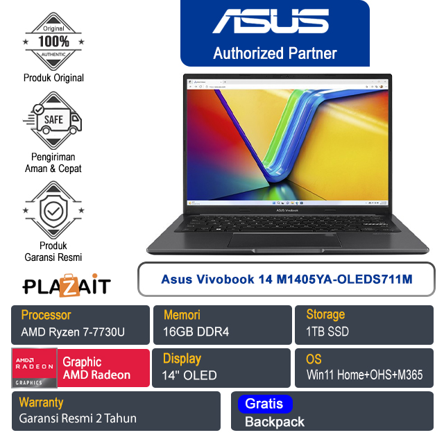 Asus Vivobook 14 M1405YA-OLEDS711M /AMD Ryzen 7-7730U/16GB/1TB SSD/AMD Radeon Graphics/14" OLED/Win 11 Home+OHS+M365/Indie Black/2Y