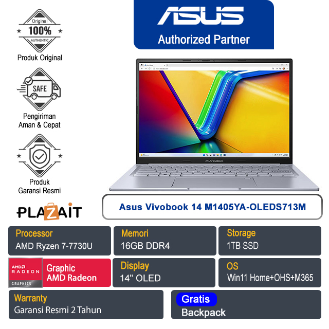Asus Vivobook 14 M1405YA-OLEDS713M /AMD Ryzen 7-7730U/16GB/1TB SSD/AMD Radeon Graphics/14" OLED/Win 11 Home+OHS+M365/Cool Silver/2Y