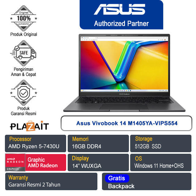 Asus Vivobook 14 M1405YA-VIPS554 /AMD Ryzen 5-7430U/16GB/512GB SSD/AMD Radeon Graphics/14″ WUXGA/Win 11 Home+OHS 2021/Indie Black/2Y