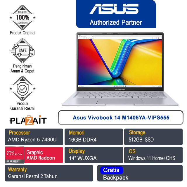 Asus Vivobook 14 M1405YA-VIPS555 /AMD Ryzen 5-7430U/16GB/512GB SSD/AMD Radeon Graphics/14″ WUXGA/Win 11 Home+OHS 2021/Cool Silver/2Y