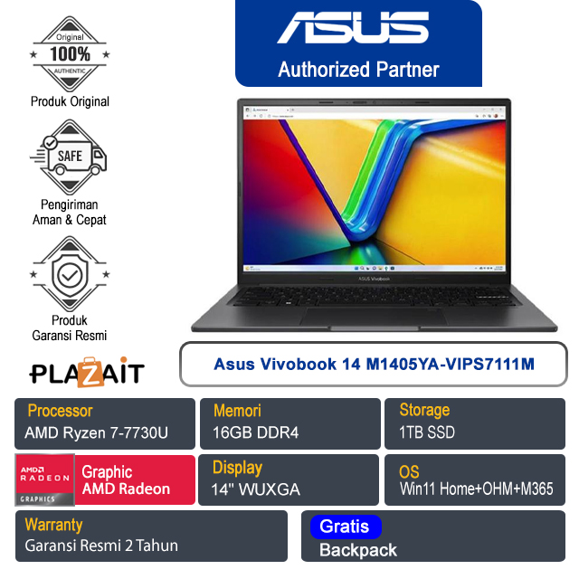 Asus Vivobook 14 M1405YA-VIPS7111M /AMD Ryzen 7-7730U/16GB/1TB SSD/AMD Radeon Graphics/14" WUXGA/Win 11 Home+OHM+M365/Indie Black/2Y