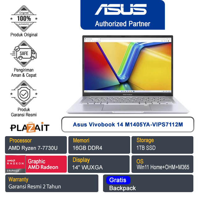 Asus Vivobook 14 M1405YA-VIPS7112M /AMD Ryzen 7-7730U/16GB/1TB SSD/AMD Radeon Graphics/14" WUXGA/Win 11 Home+OHM+M365/Cool Silver/2Y