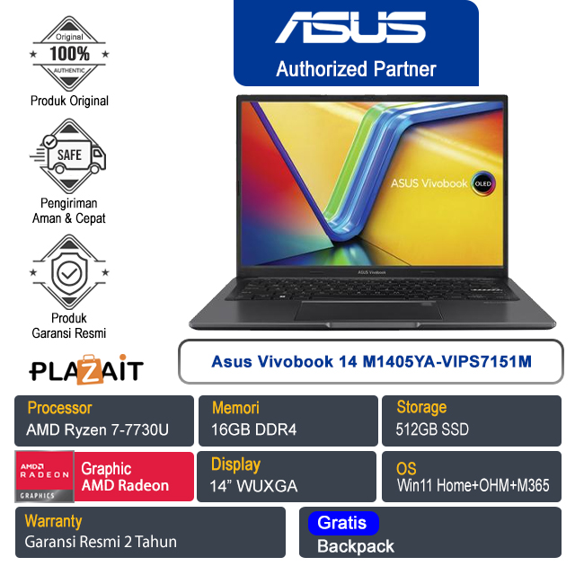 Asus Vivobook 14 M1405YA-VIPS7151M /AMD Ryzen 7-7730U/16GB/512GB SSD/AMD Radeon Graphics/14" WUXGA/Win 11 Home+OHM+M365/Indie Black/2Y