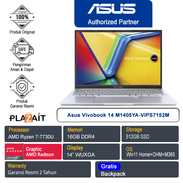 Asus Vivobook 14 M1405YA-VIPS7152M /AMD Ryzen 7-7730U/16GB/512GB SSD/AMD Radeon Graphics/14" WUXGA/Win 11 Home+OHM+M365/Cool Silver/2Y