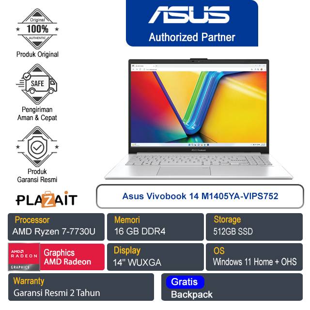 Asus VivoBook 14 M1405YA-VIPS752/AMD Ryzen 7-7730U/16GB/512GB SSD/AMD Radeon Graphics/14" WUXGA/Win 11 Home+OHS/Cool Silver/2Y