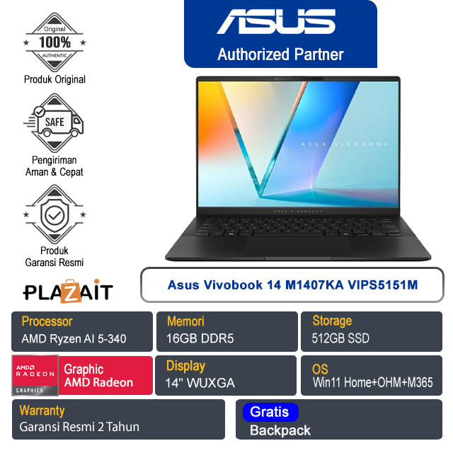 Asus Vivobook 14 M1407KA-VIPS5151M /AMD Ryzen AI 5-340/16GB/512GB SSD/AMD Radeon Graphics/14" WUXGA/Win 11 Home+OHM+M365/Quiet Blue/2Y