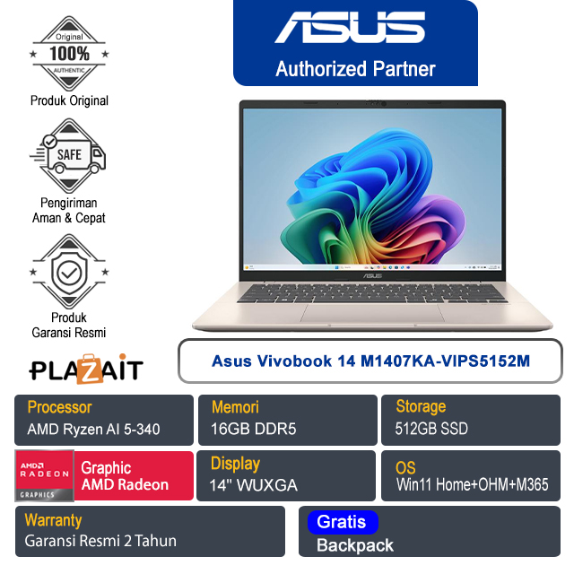Asus Vivobook 14 M1407KA-VIPS5152M /AMD Ryzen AI 5-340/16GB/512GB SSD/AMD Radeon Graphics/14" FHD/Win 11 Home+OHS+M365/Platinum Gold/2Y