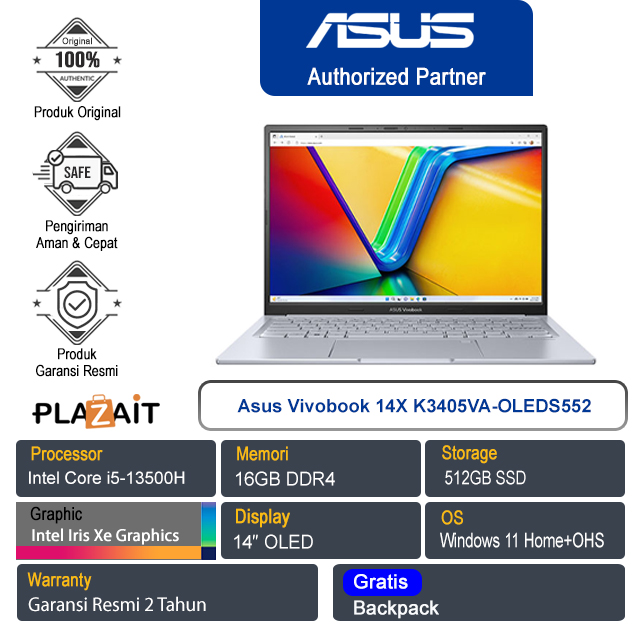 Asus Vivobook 14X K3405VA-OLEDS552/Intel Core i5-13500H/16GB/512GB SSD/Intel Iris Xᵉ Graphics/14″ OLED/Win11 Home+OHS/Cool Silver/2Y