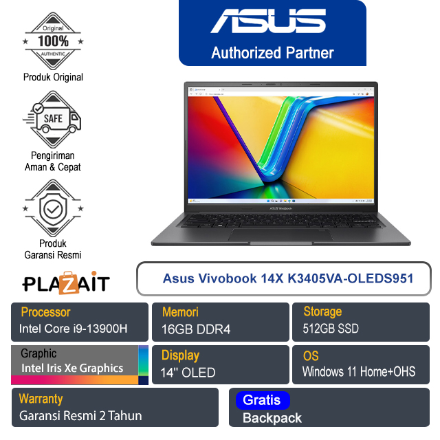 Asus Vivobook 14X K3405VA-OLEDS951/Intel Core i9-13900H/16GB/512GB SSD/Intel Iris Xe Graphics/14"OLED/Win 11 Home+OHS/Indie Black/2Y