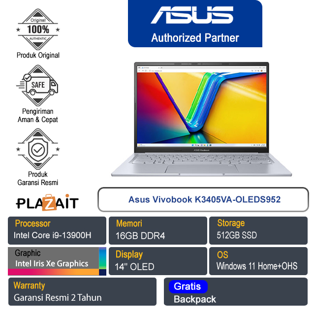 Asus Vivobook 14X K3405VA-OLEDS952/Intel Core i9-13900H/16GB/512GB SSD/Intel Iris Xe Graphics/14"OLED/Win 11 Home+OHS/Cool Silver/2Y