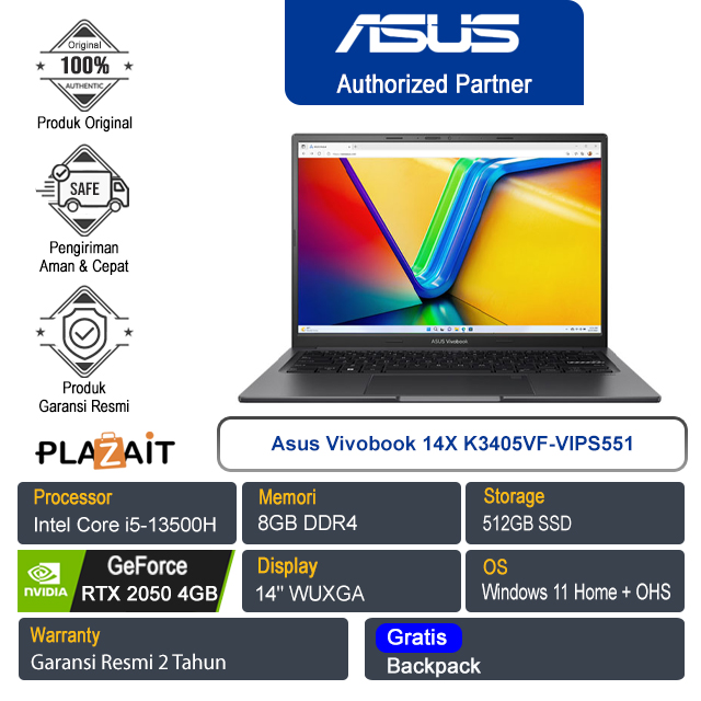 Asus Vivobook 14X K3405VF-VIPS551/Intel Core i5-13500H/8GB/512GB SSD/NVIDIA GeForce RTX 2050 4GB/14″ WUXGA/Win 11 Home+OHS/Indie Black/2Y