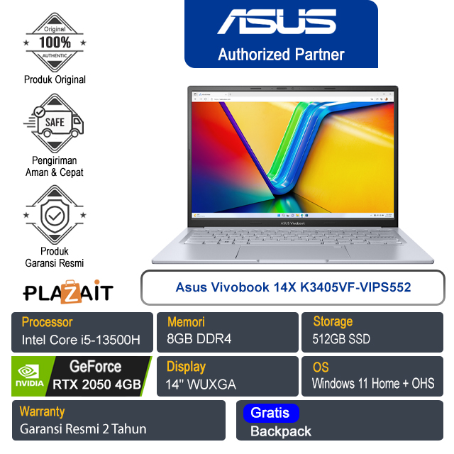 Asus Vivobook 14X K3405VF-VIPS552/Intel Core i5-13500H/8GB/512GB SSD/NVIDIA GeForce RTX 2050 4GB/14″ WUXGA/Win 11 Home+OHS/Cool Silver/2Y
