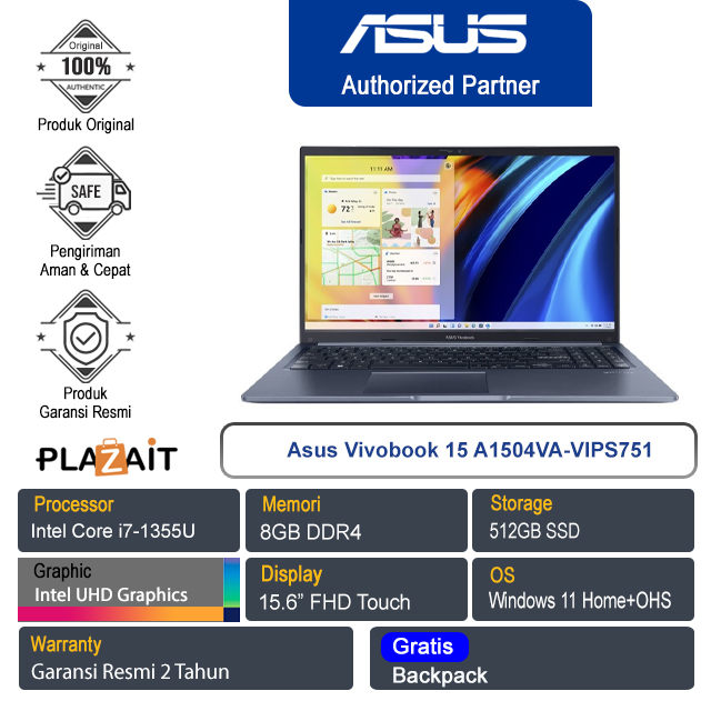 Asus Vivobook 15 A1504VA-VIPS751/Intel Core i7-1355U/8GB/512GB SSD/Intel UHD Graphics/15.6″ FHD Touch/Win 11+OHS 2021/Quiet Blue/2Y