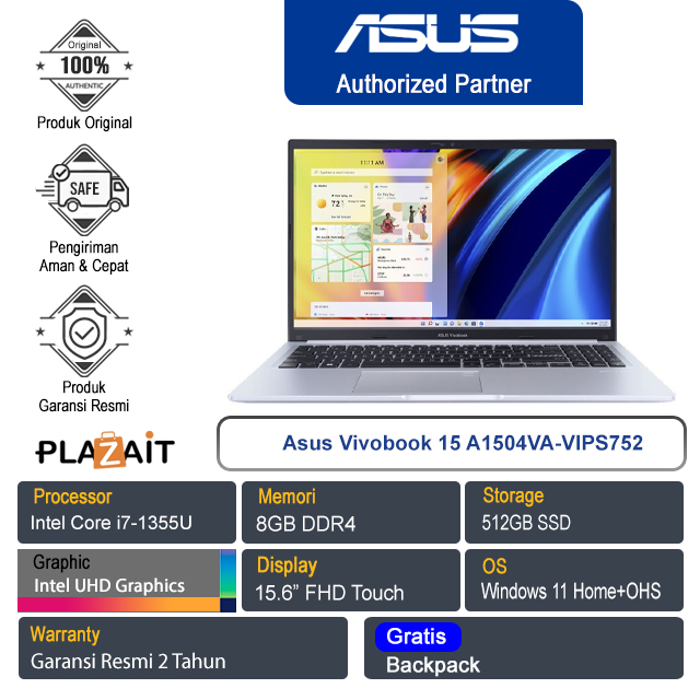 Asus Vivobook 15 A1504VA-VIPS752/Intel Core i7-1355U/8GB/512GB SSD/Intel UHD Graphics/15.6″ FHD Touch/Win 11+OHS 2021/Cool Silver/2Y